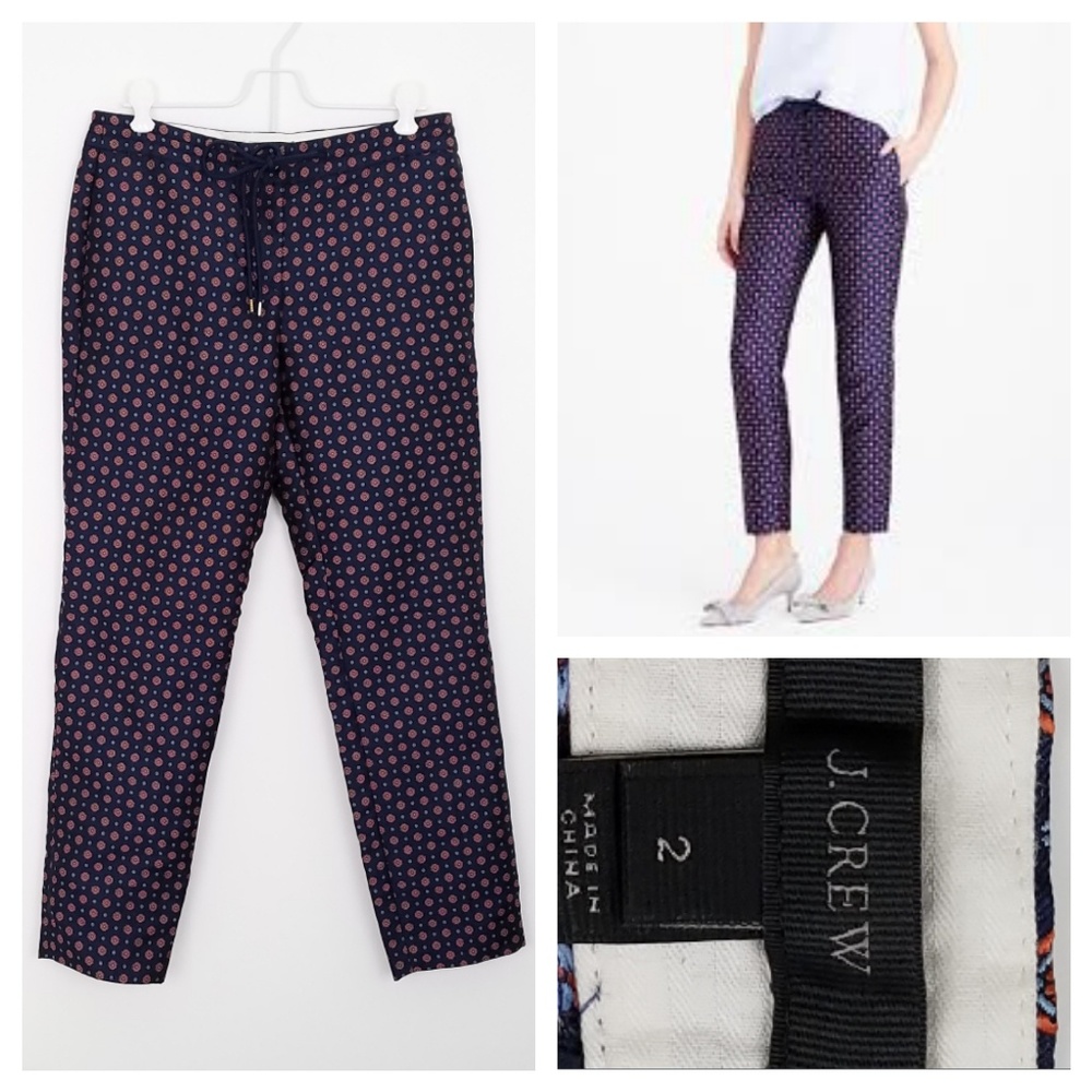 J. Crew Navy Ankle Pants with Pink Dot Motif